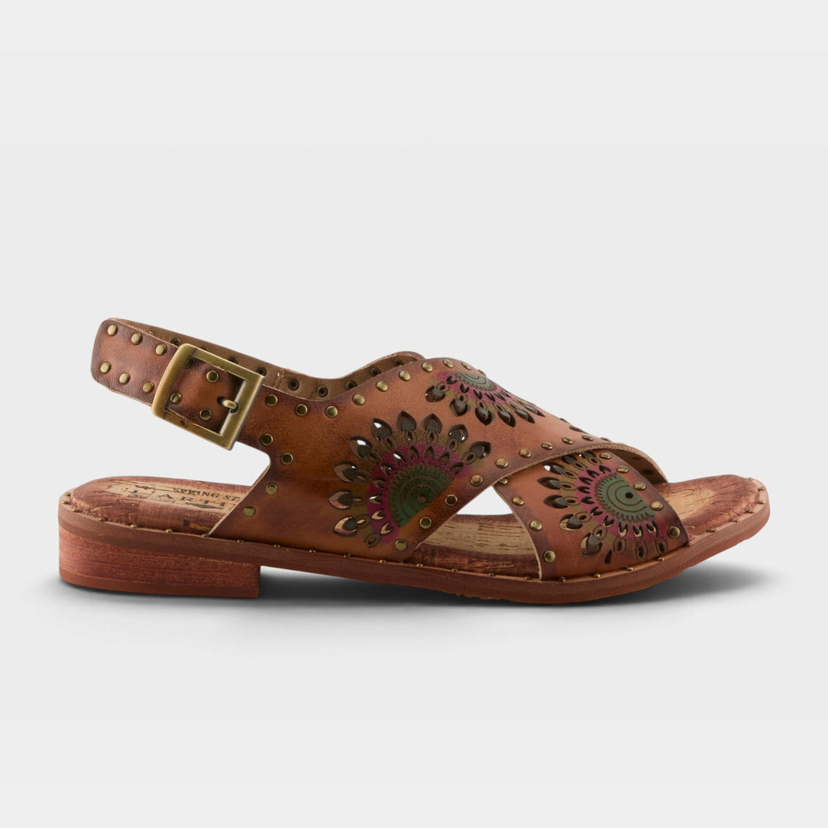 L'Artiste Crossroads women's leather sandal with floral laser-cut detail and ankle buckle strap
