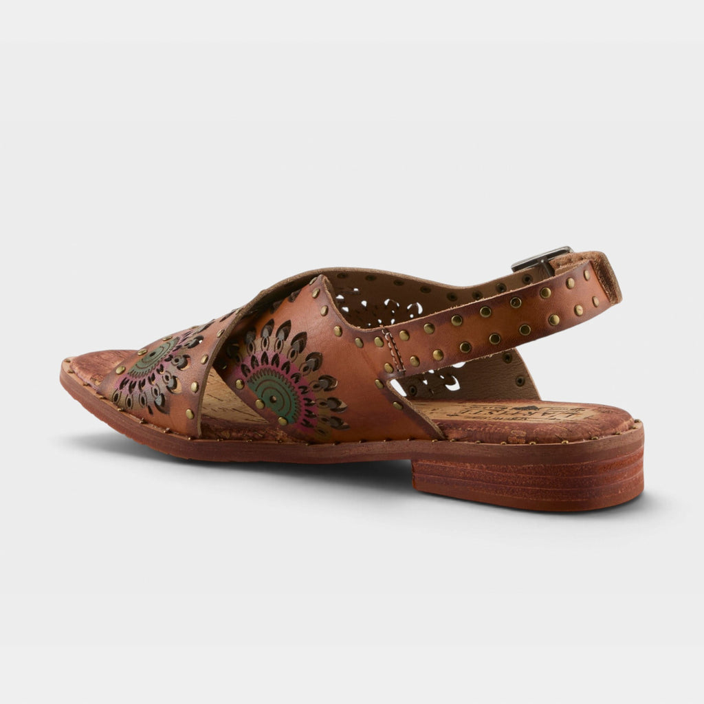 L'Artiste Crossroads women's leather sandal with floral cutout detail and slingback strap, rear view