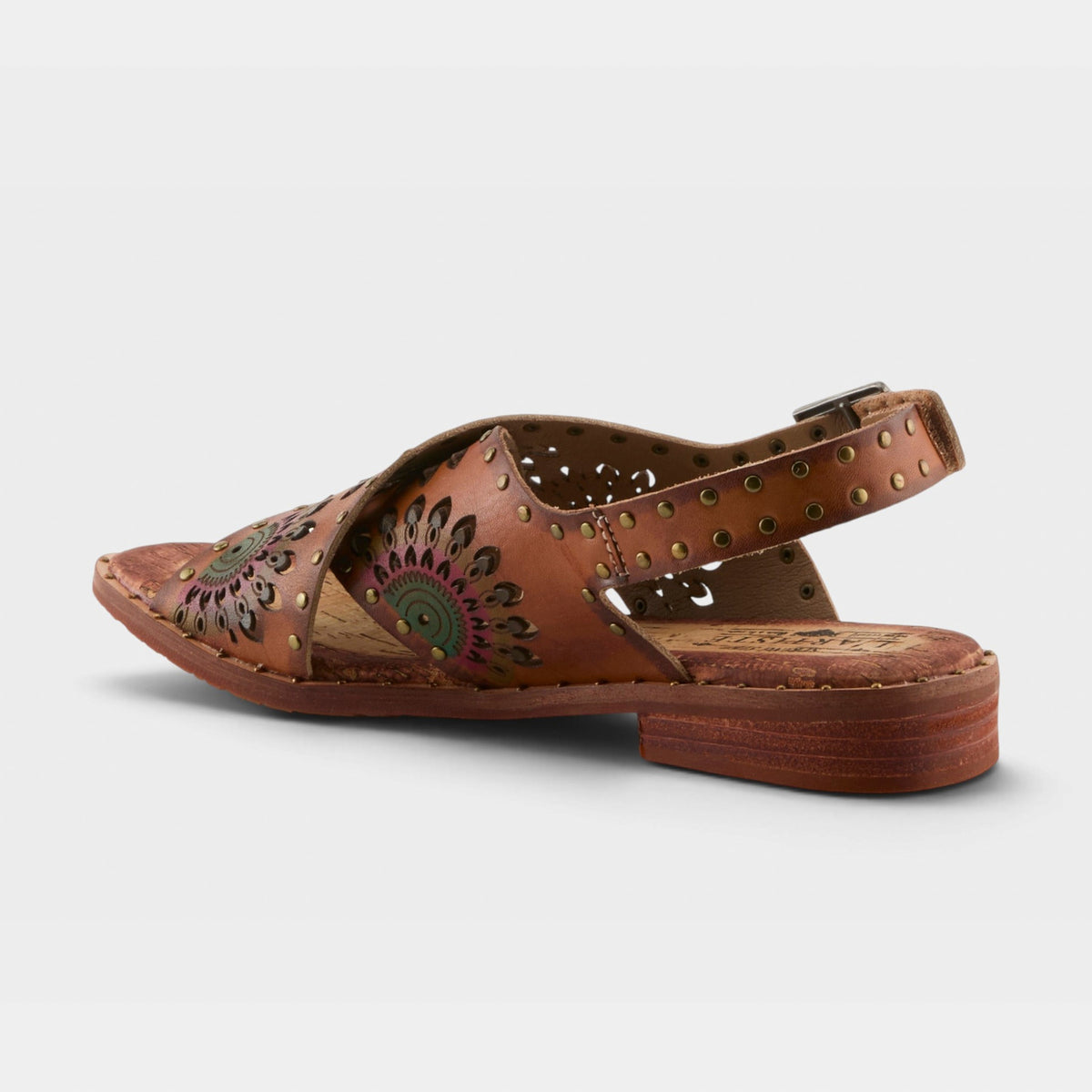 L'Artiste Crossroads women's leather sandal with floral cutout detail and slingback strap, rear view