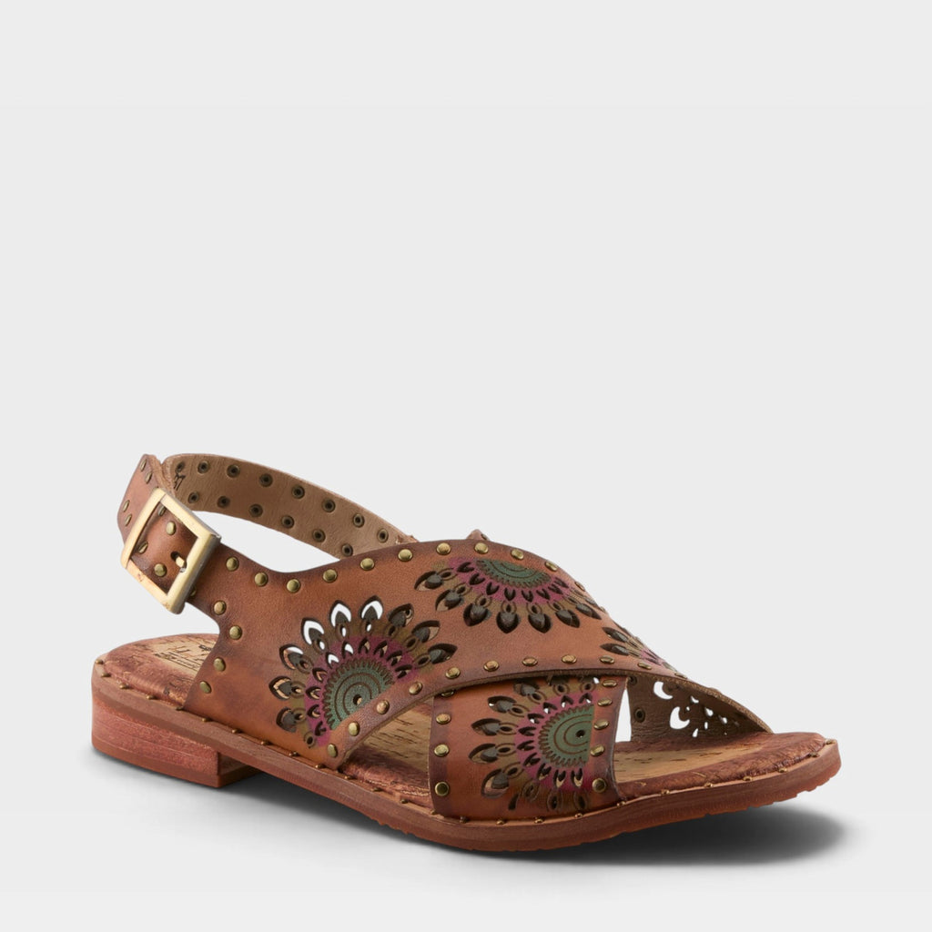 L'Artiste Crossroads flat sandal with laser-cut floral detailing and slingback buckle strap