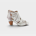 Women's heeled sandal bootie with laser-cut leaf pattern and back zipper closure