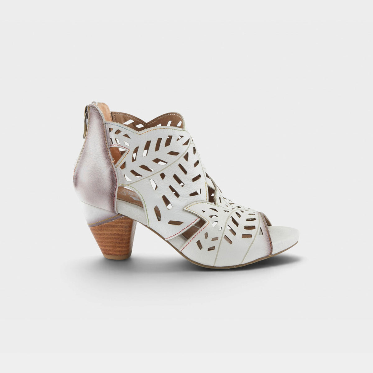 Women's heeled sandal bootie with laser-cut leaf pattern and back zipper closure