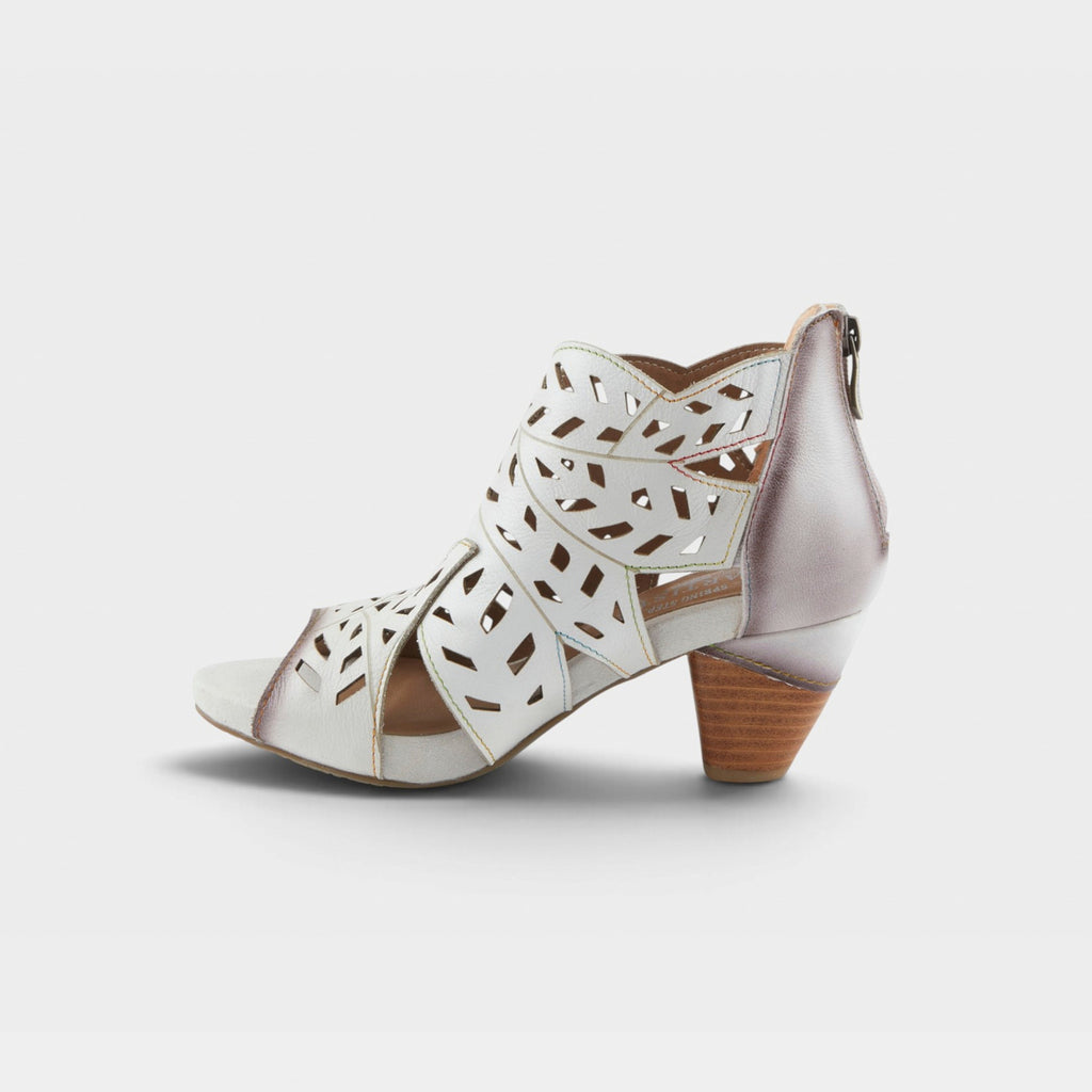 L'Artiste Icon women's heeled sandal with laser-cut leather upper and back zipper closure
