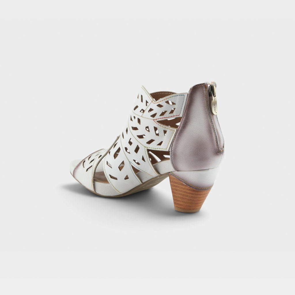 Back view of women's heeled sandal bootie with laser-cut perforated leather upper and back zipper