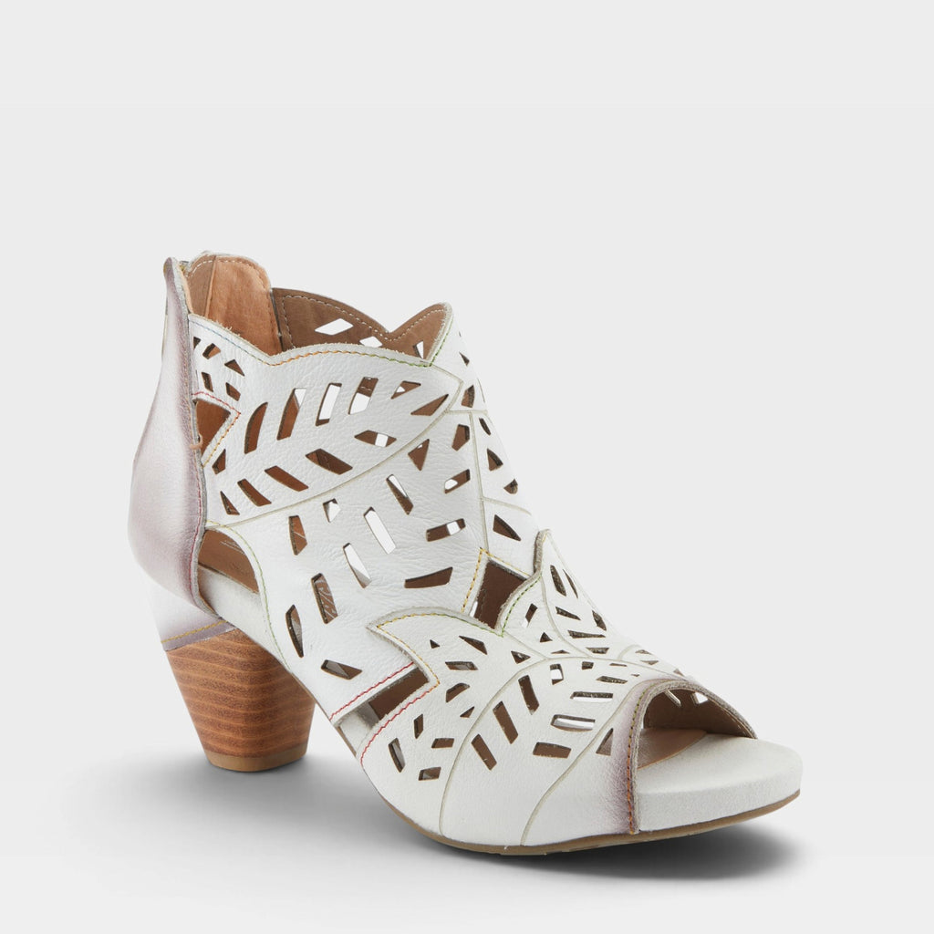 Women's laser-cut leather heeled sandal with open toe and stacked wood heel