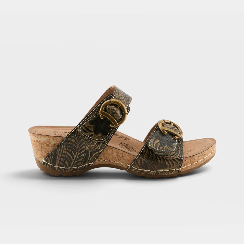 L'Artiste The Brass Ring wedge slide sandal with floral tooled leather and gold buckles