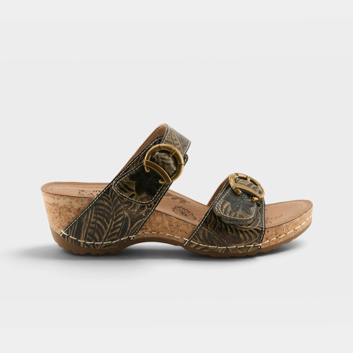 L'Artiste The Brass Ring wedge slide sandal with floral tooled leather and gold buckles