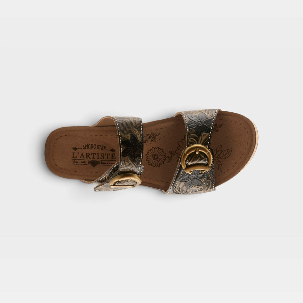L'Artiste double-strap slide sandal with floral embossed leather and gold buckles, top view