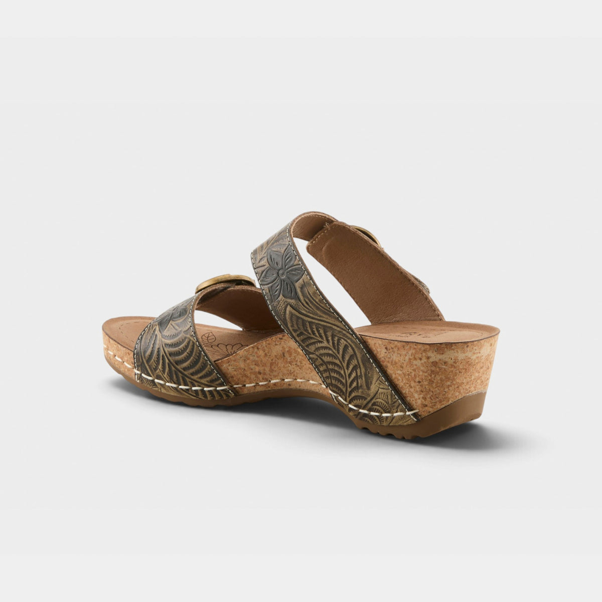 Back view of women's wedge slide sandal with floral embossed straps and cork sole