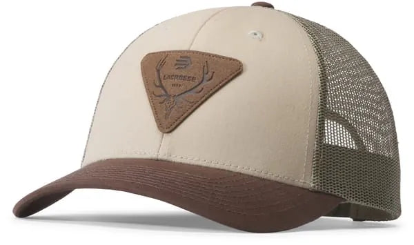 LaCrosse trucker hat with leather deer antler patch, mesh back, and structured brim