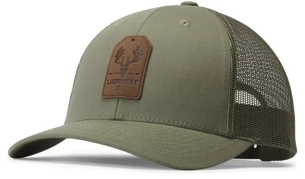 LaCrosse mens trucker hat with mesh back and leather deer antler patch on front