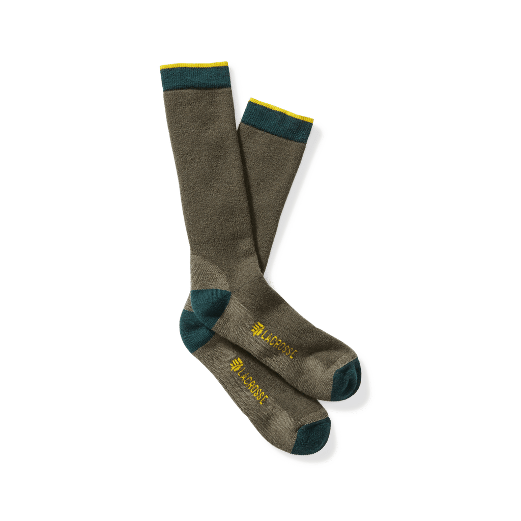 LaCrosse mens wool midweight crew socks with teal heel toe and cuff accents
