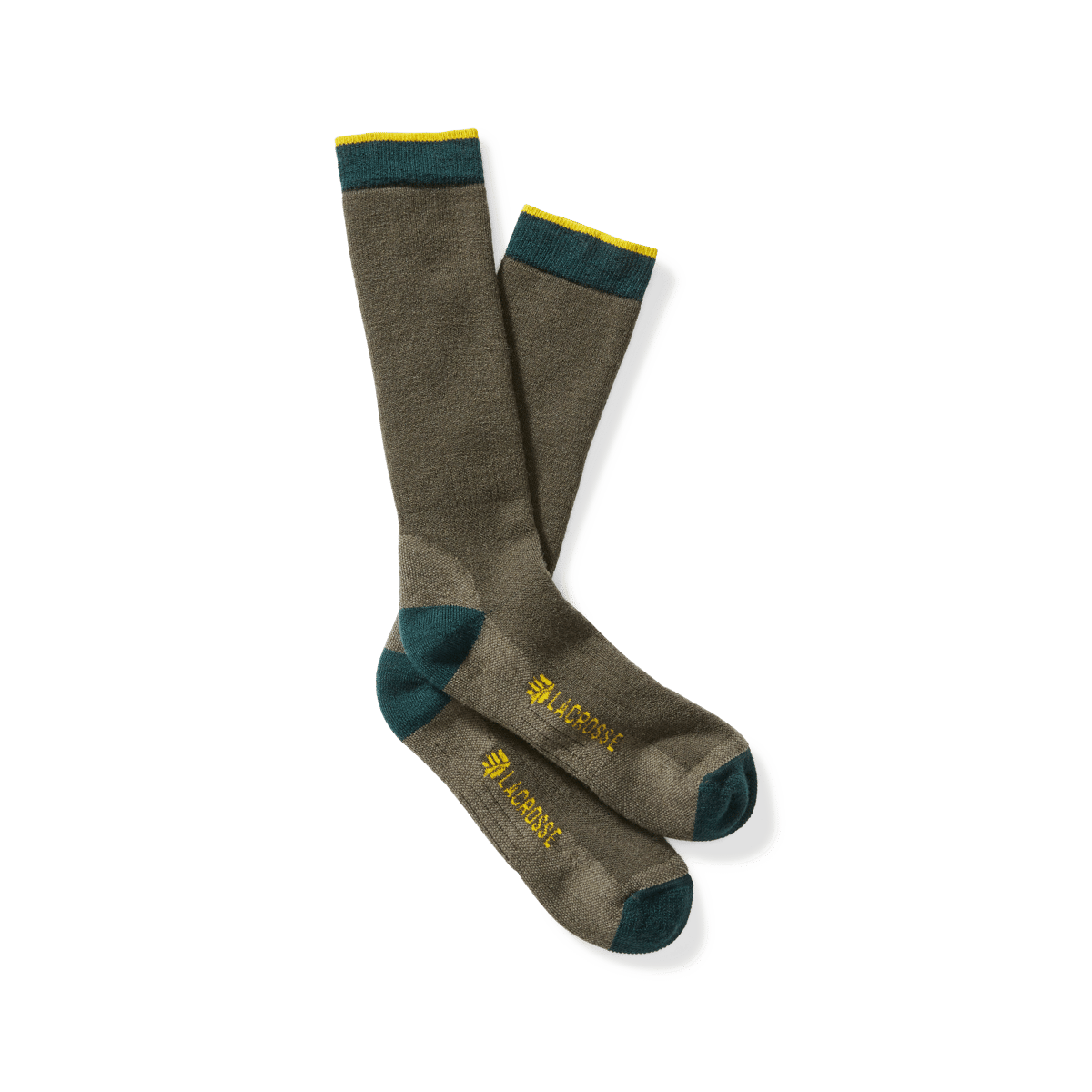 LaCrosse mens wool midweight crew socks with teal heel toe and cuff accents
