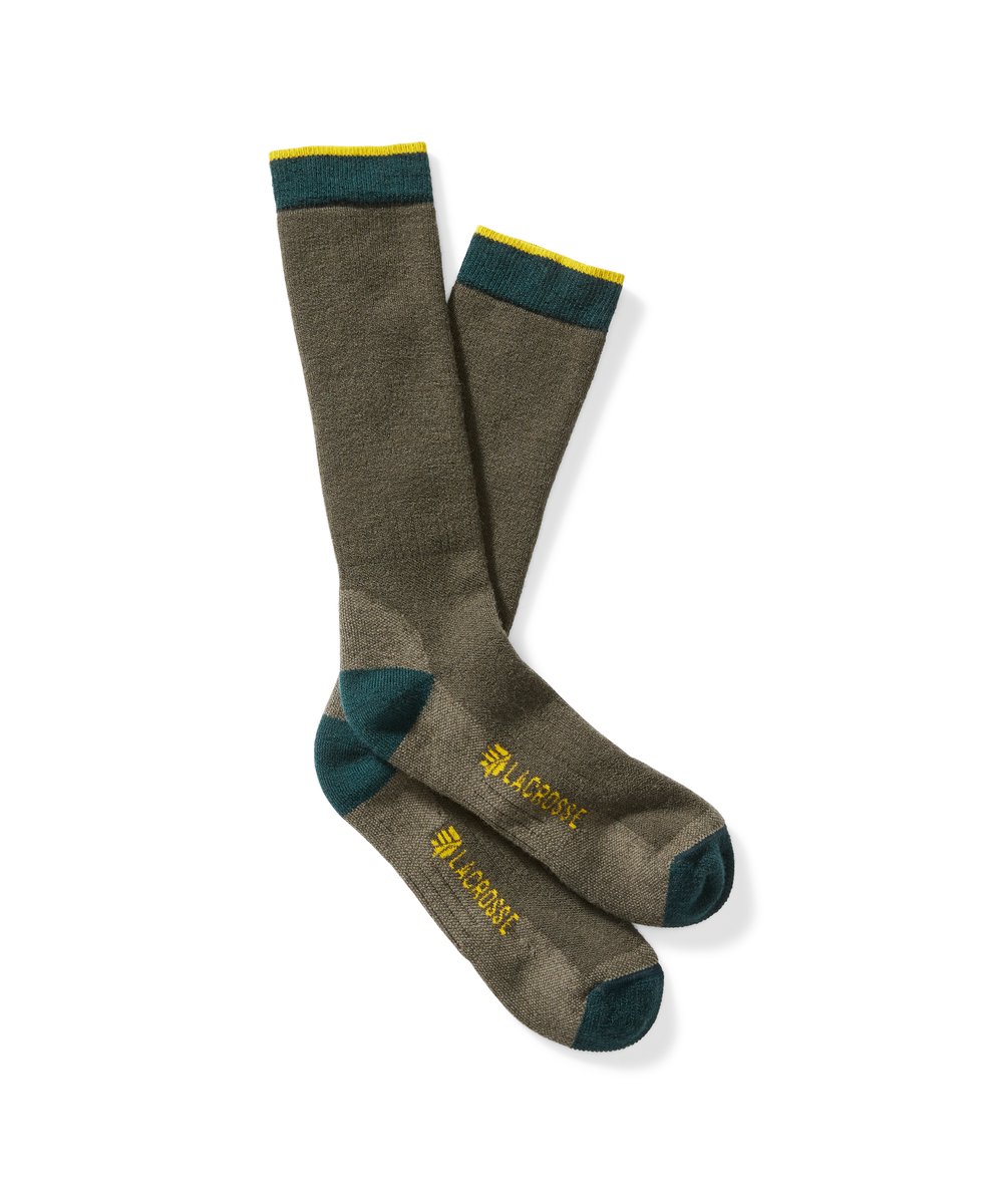 LaCrosse men's wool midweight crew socks with teal heel, toe, and cuff accents