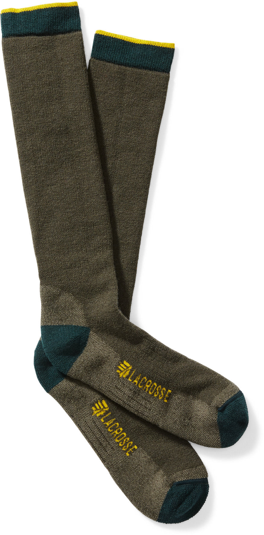 LaCrosse knee-high wool boot socks with teal heel and toe accents, laid flat