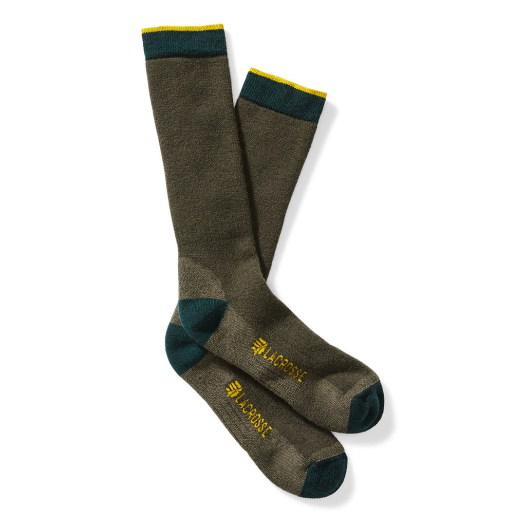 LaCrosse knee-high wool crew socks with teal heel, toe, and cuff accents