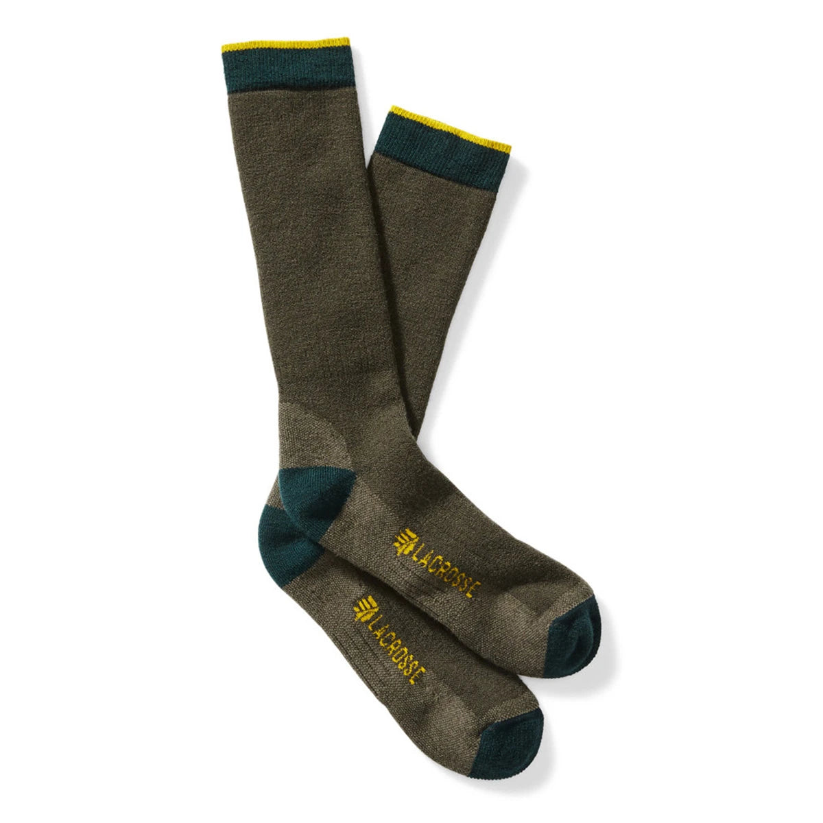 LaCrosse knee-high wool crew socks with teal heel, toe, and cuff accents