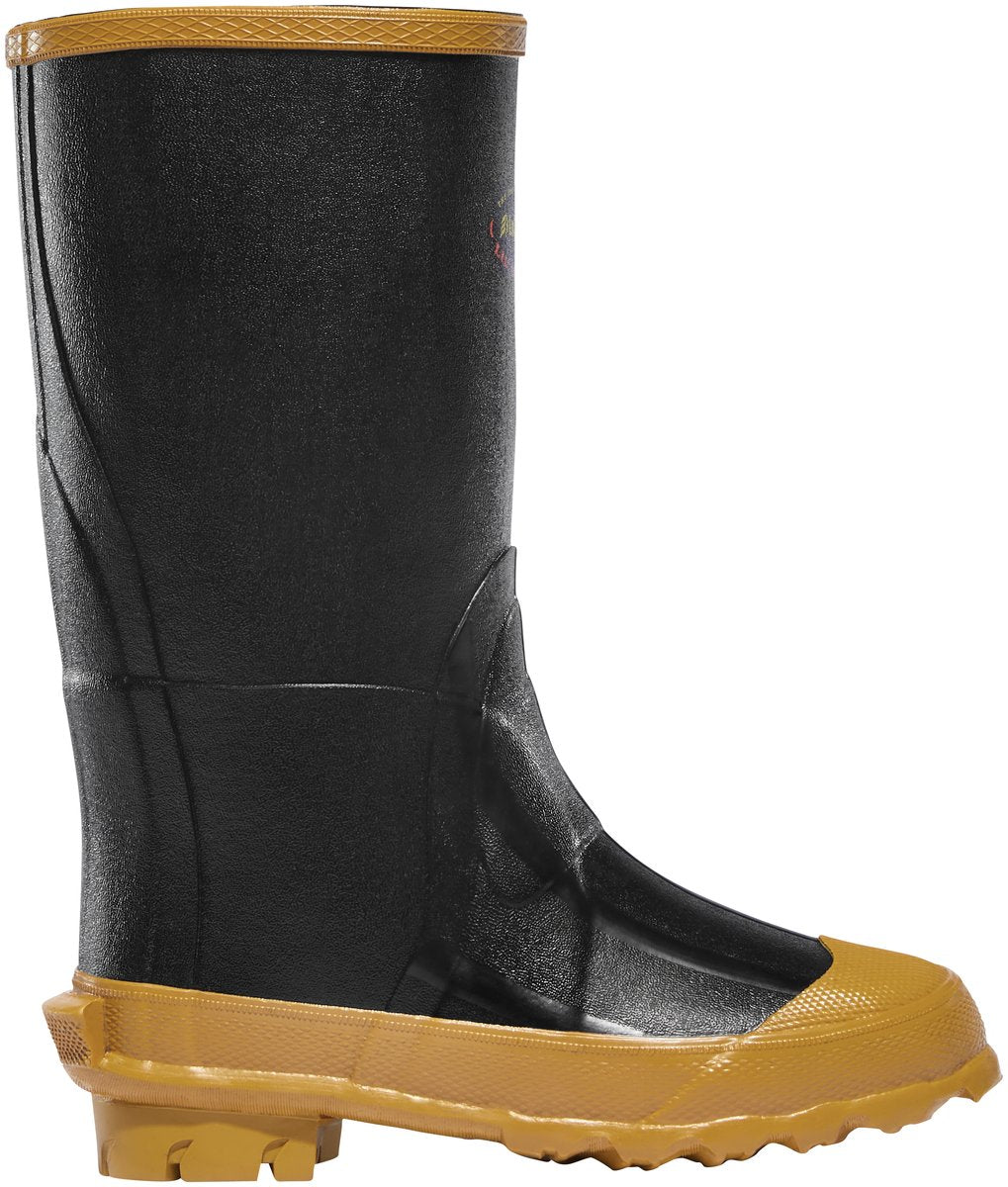 LaCrosse kids rubber rain boot with tall black shaft and gold sole, side view