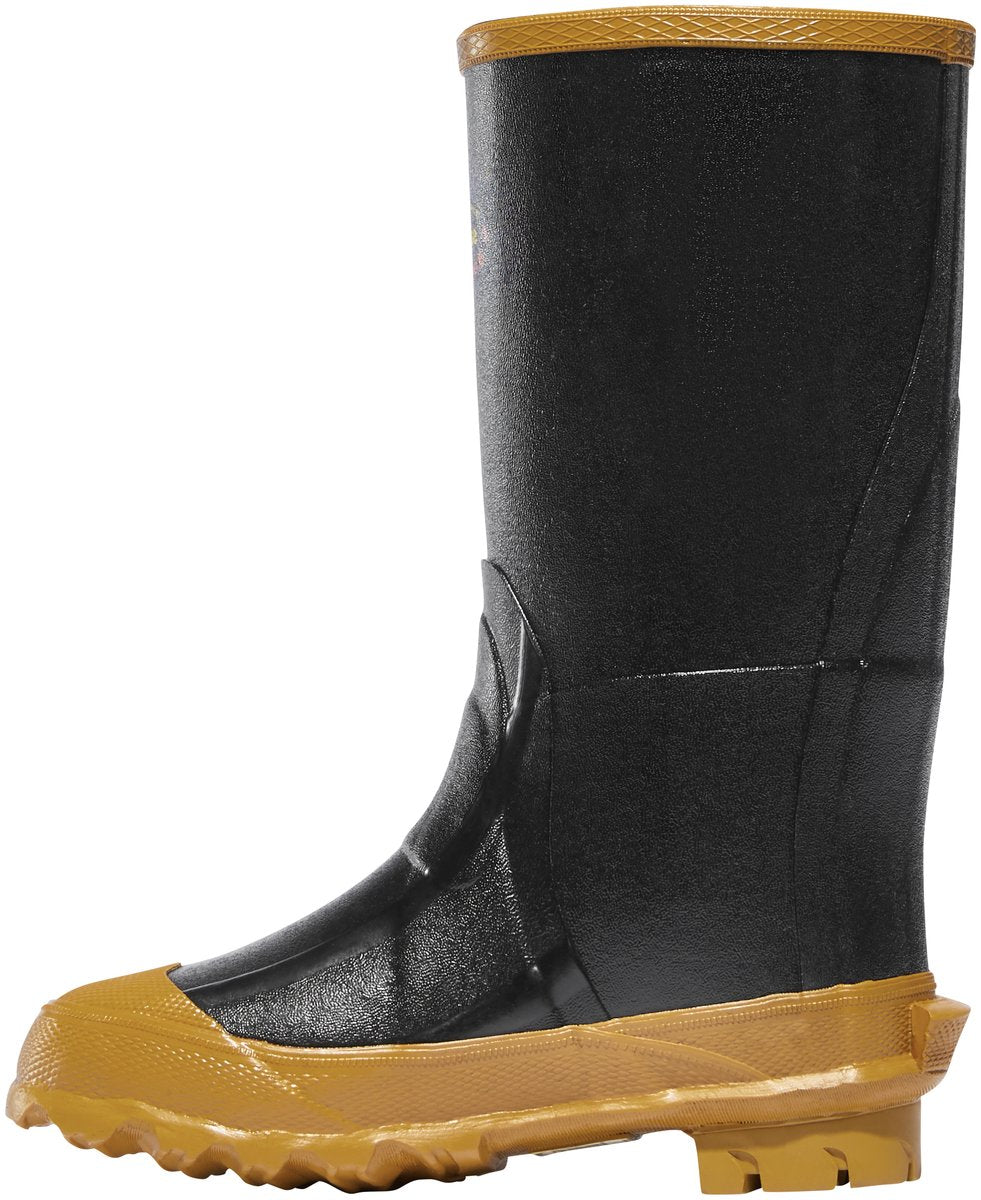 Children's tall rubber rain boot with black upper and gold sole, side view
