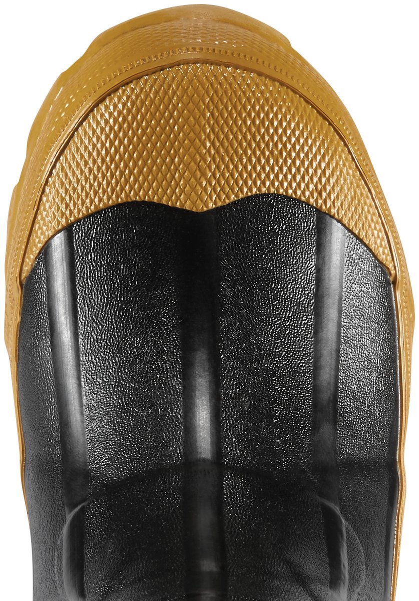 Top-down view of a kids rubber boot with gold textured toe cap and black shaft