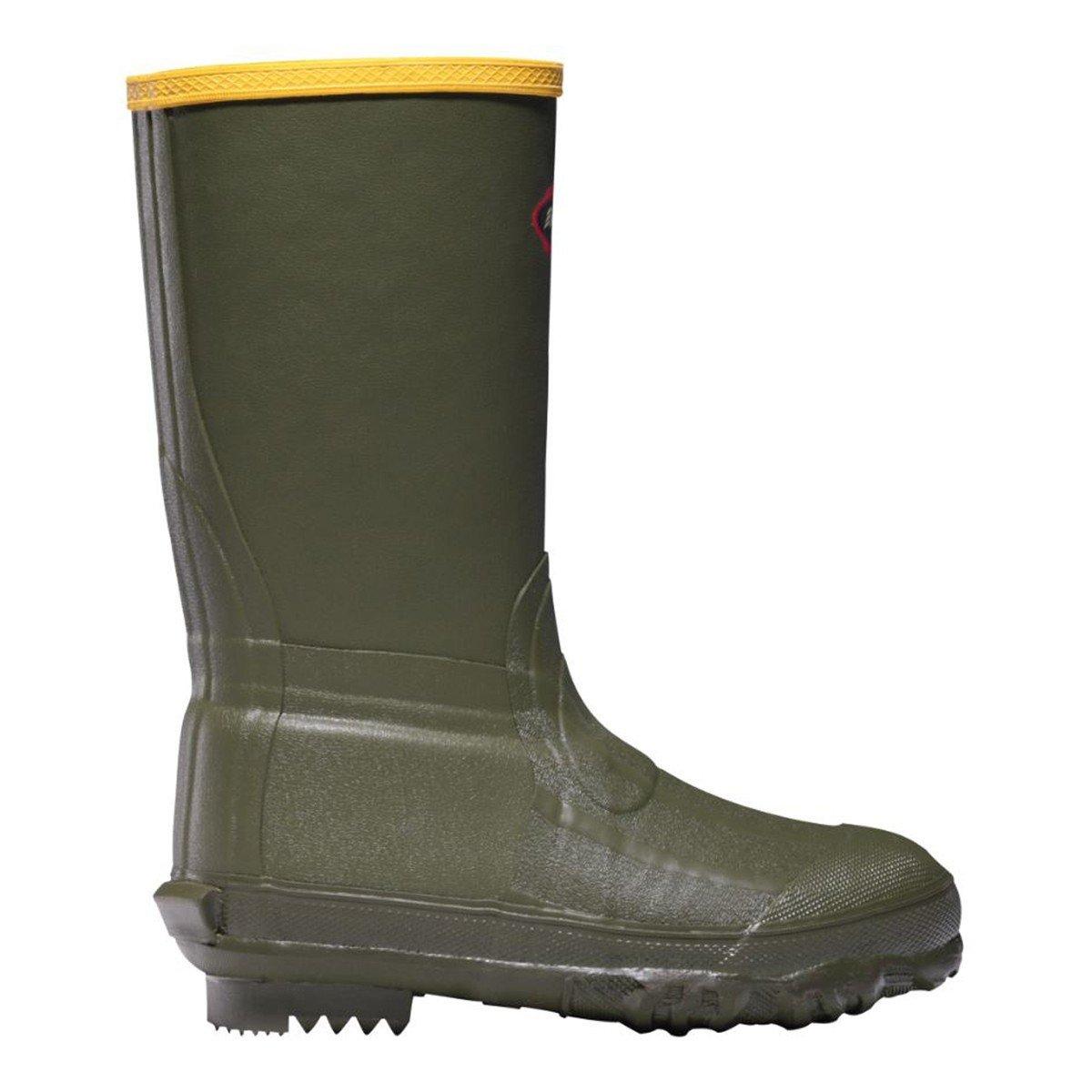 LaCrosse kids rubber boot with yellow trim, lugged sole, and tall shaft, side view