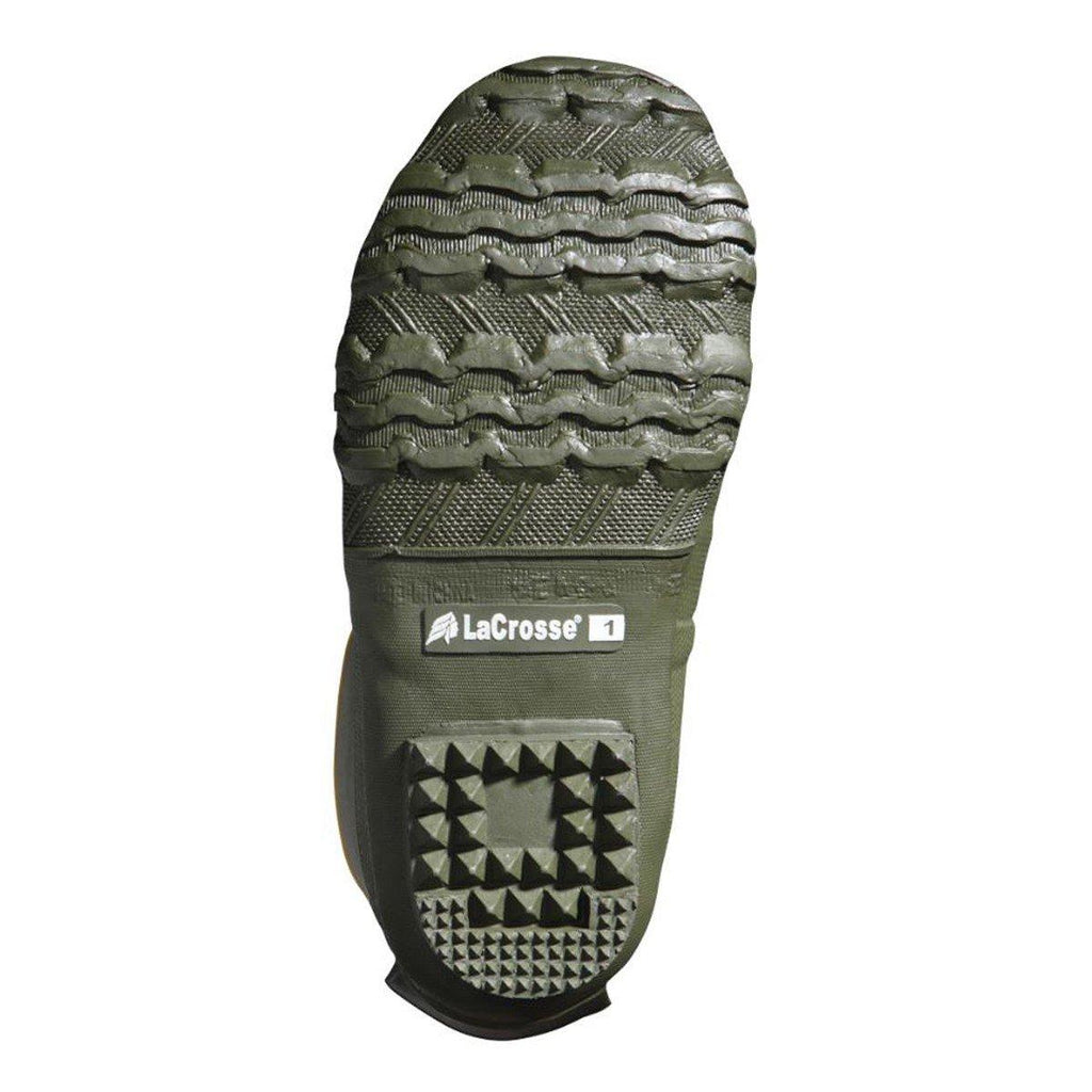 Bottom sole view of LaCrosse kids boot showing textured tread pattern and heel grip