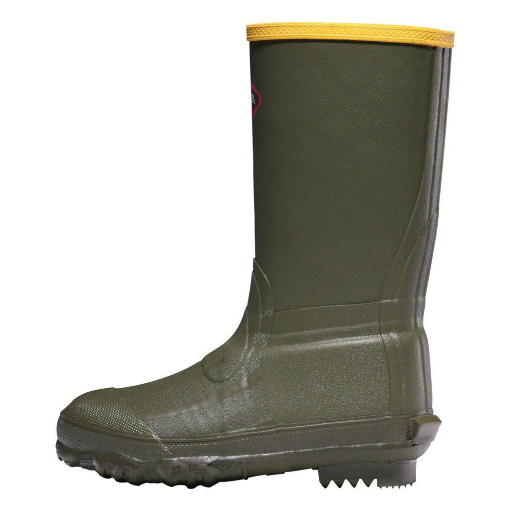LaCrosse kids rubber pull-on boot with yellow trim and lugged outsole, side view