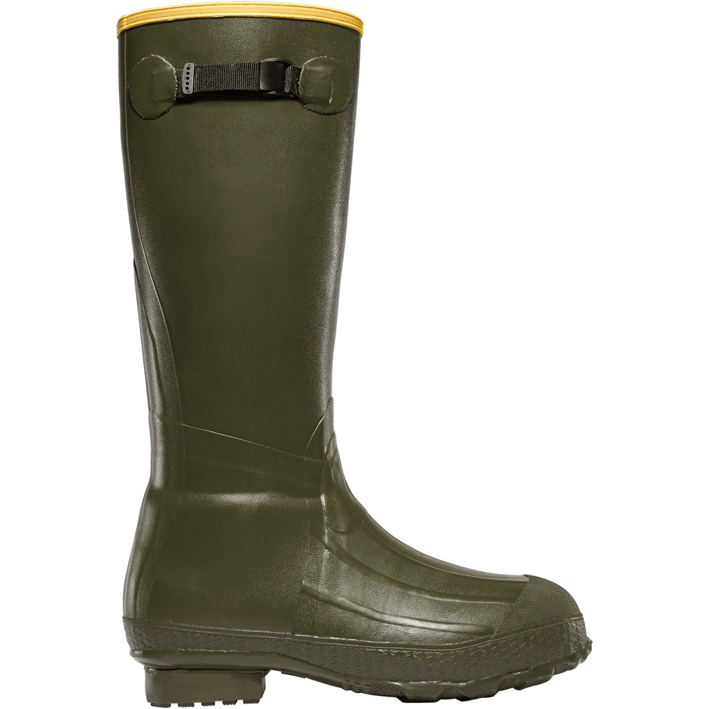 LaCrosse Burly 18-inch tall rubber boot with adjustable strap and yellow trim