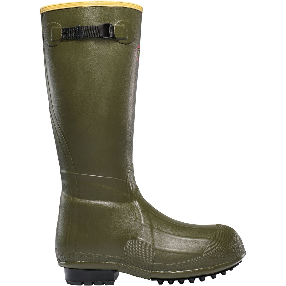 LaCrosse tall rubber hunting boot with buckle strap and lug sole, side view