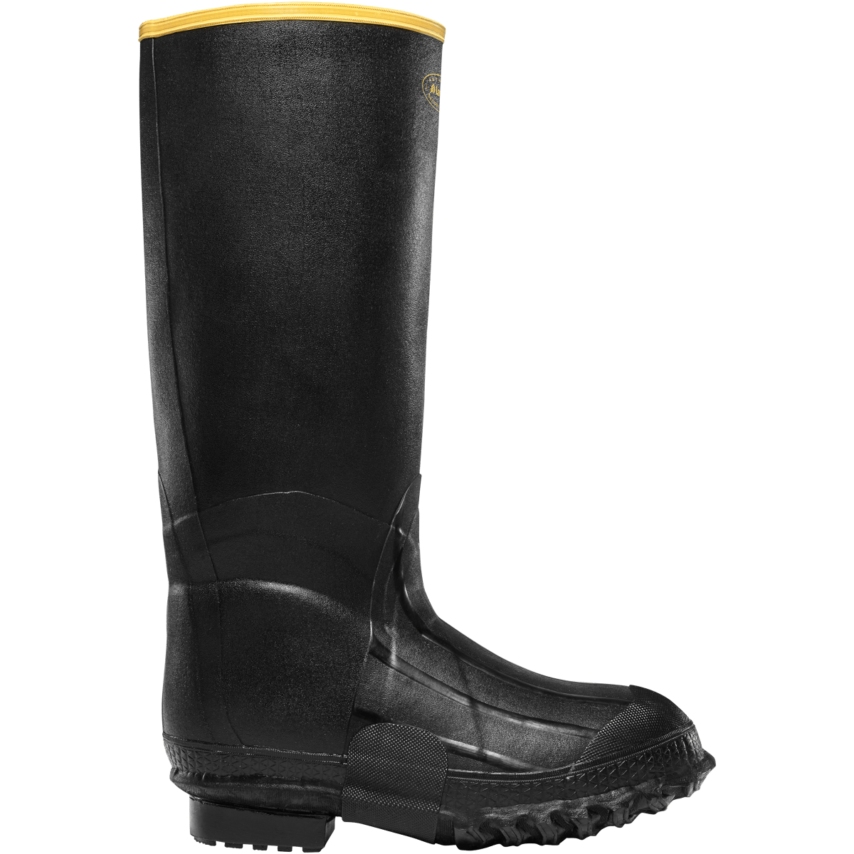 LaCrosse tall rubber knee boot with yellow trim collar and aggressive lug outsole