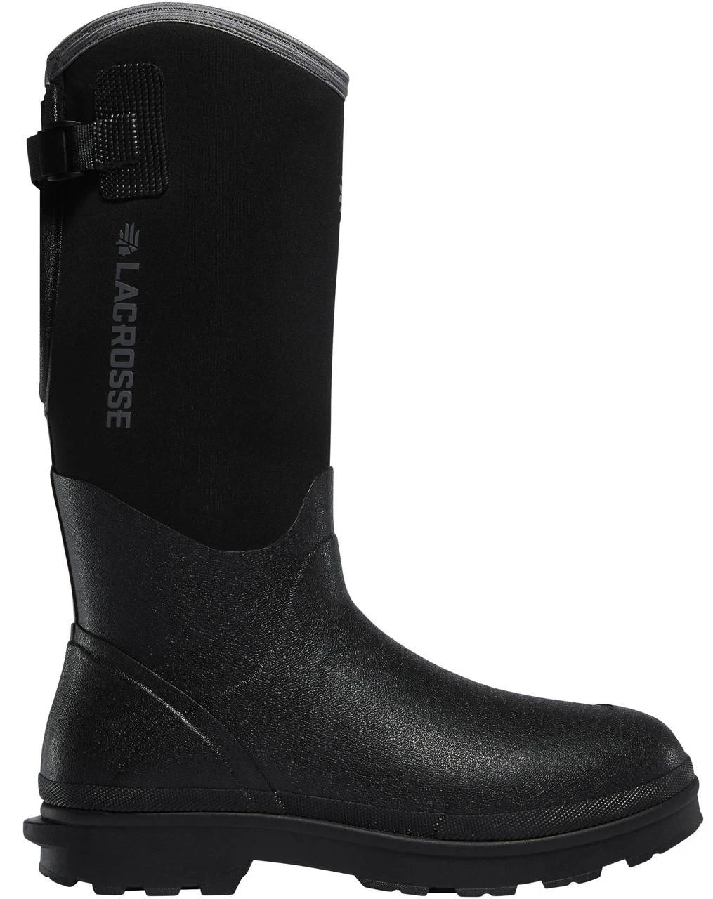 LaCrosse tall neoprene rubber pull-on boot with textured lower and strap closure
