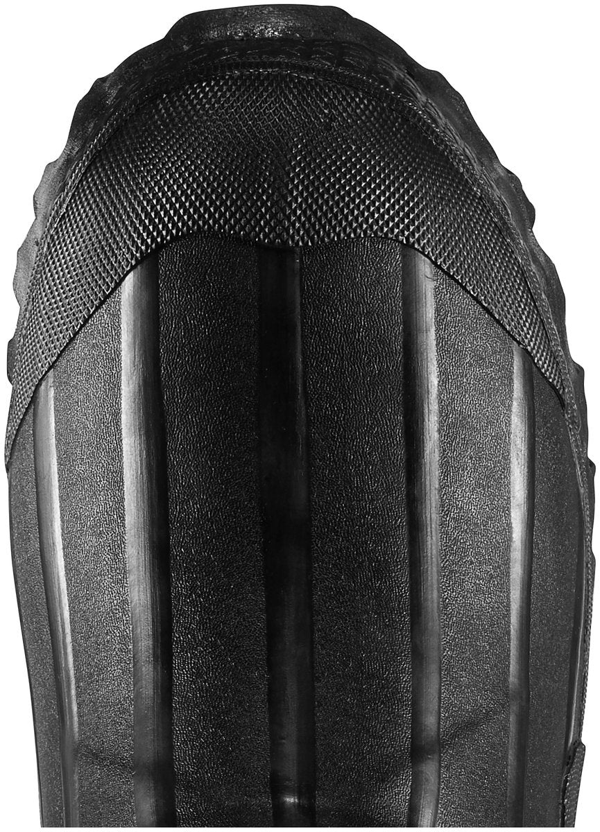 Close-up of black rubber boot sole showing ribbed midsole and textured outsole edge detail