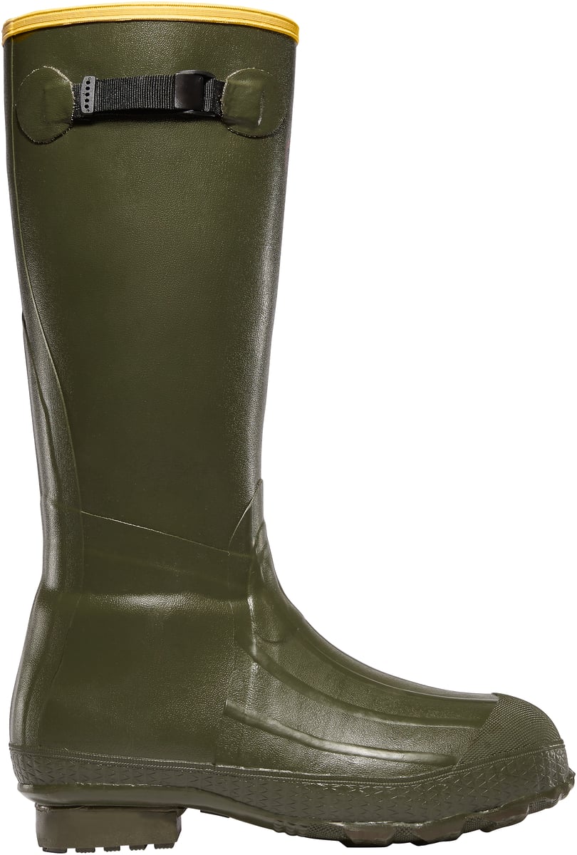 LaCrosse tall rubber rain boot with adjustable top buckle and yellow lining, side view