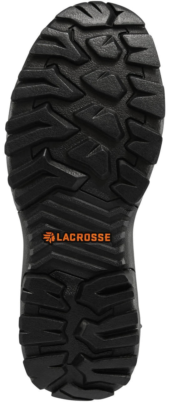 Bottom sole view of LaCrosse boot showing aggressive multi-directional tread pattern and brand logo