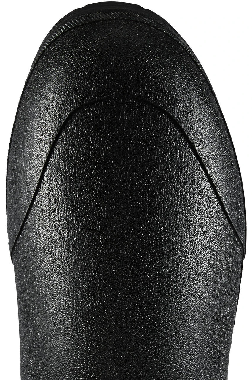 Close-up top-down view of a black rubber neoprene boot toe cap with textured surface