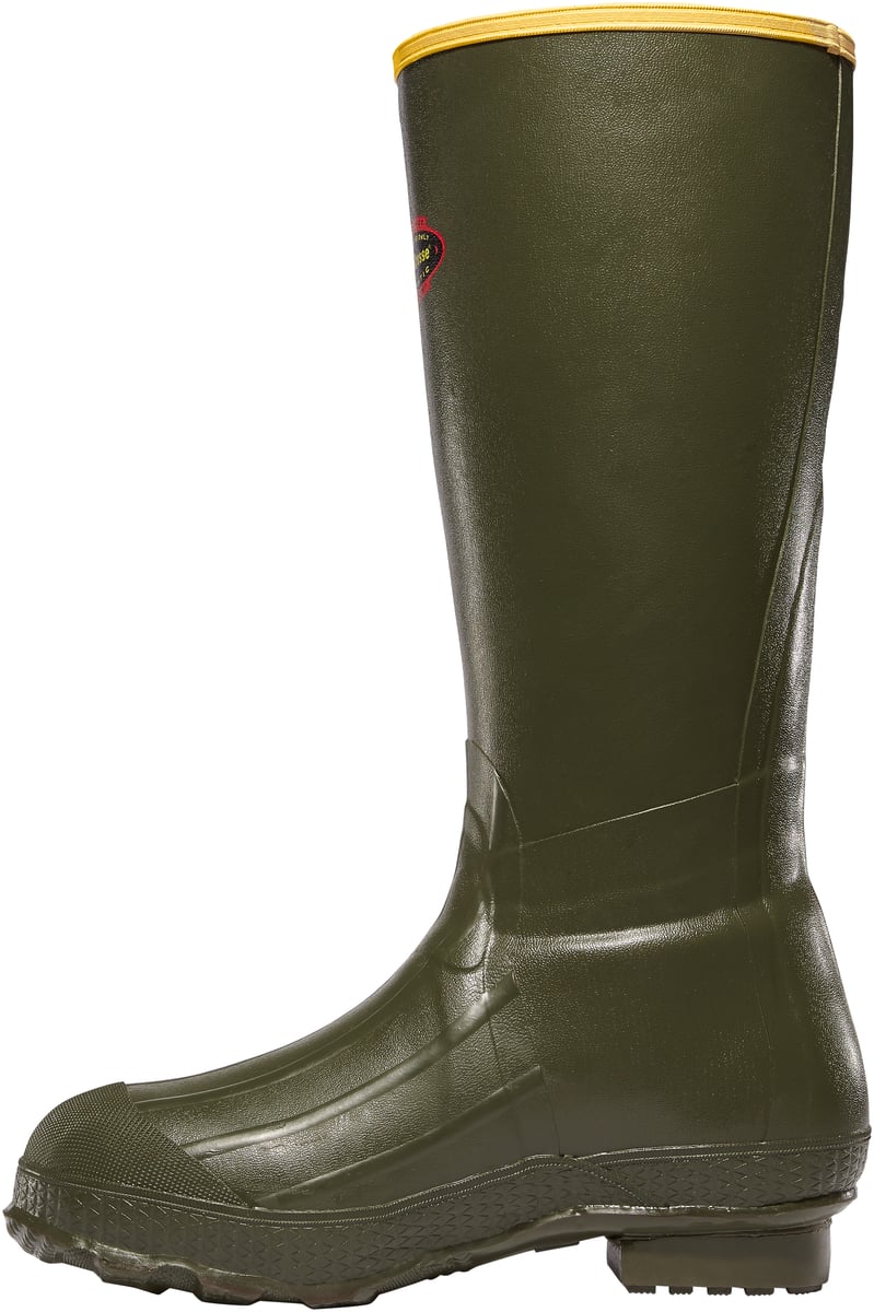 LaCrosse tall rubber hunting boot with yellow trim and textured outsole, side view