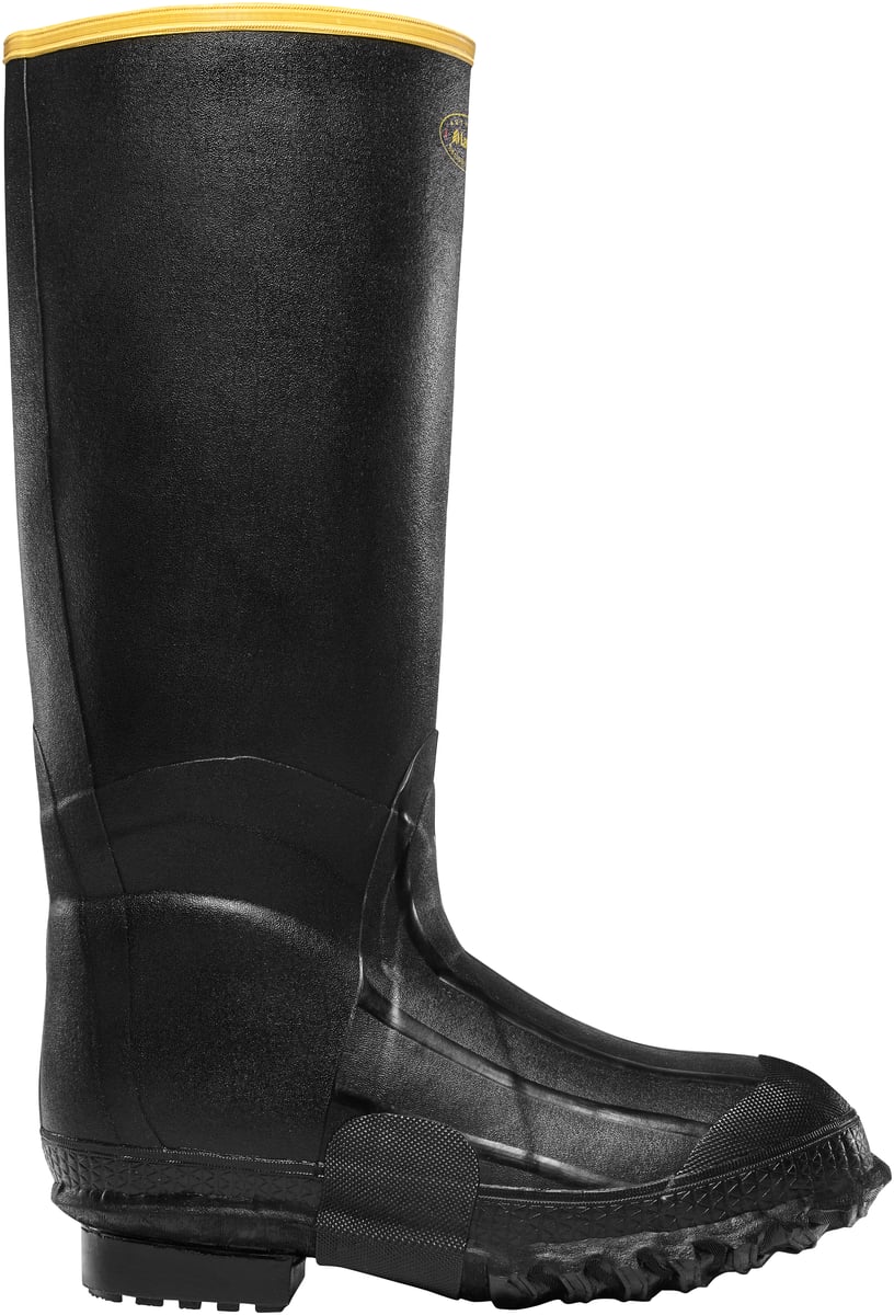 LaCrosse mens tall knee-high rubber boot with yellow trim and aggressive outsole