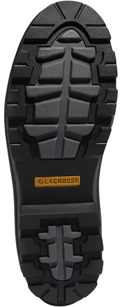 Bottom sole view of LaCrosse rubber boot showing aggressive tread pattern and brand logo