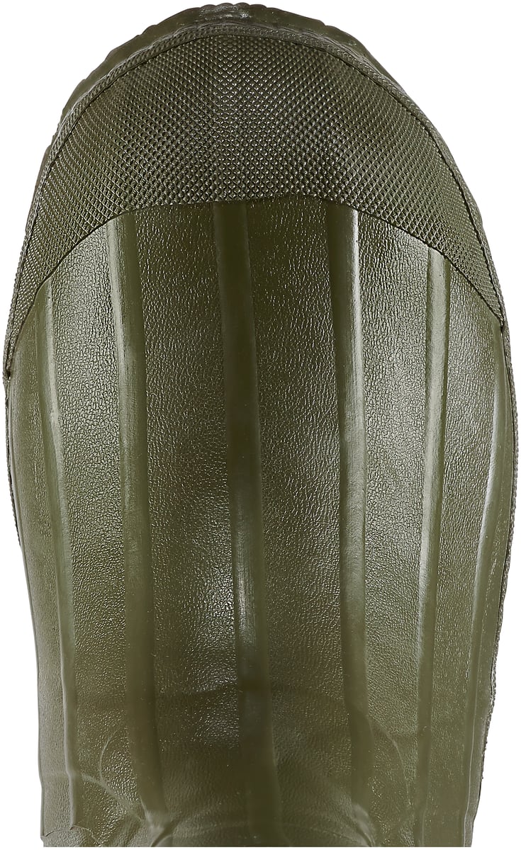Top-down toe detail view of a rubber insulated hunting boot with textured upper