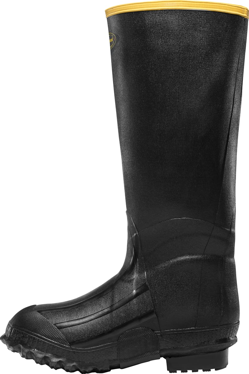 LaCrosse men's tall knee-high rubber boot with yellow trim and lugged outsole