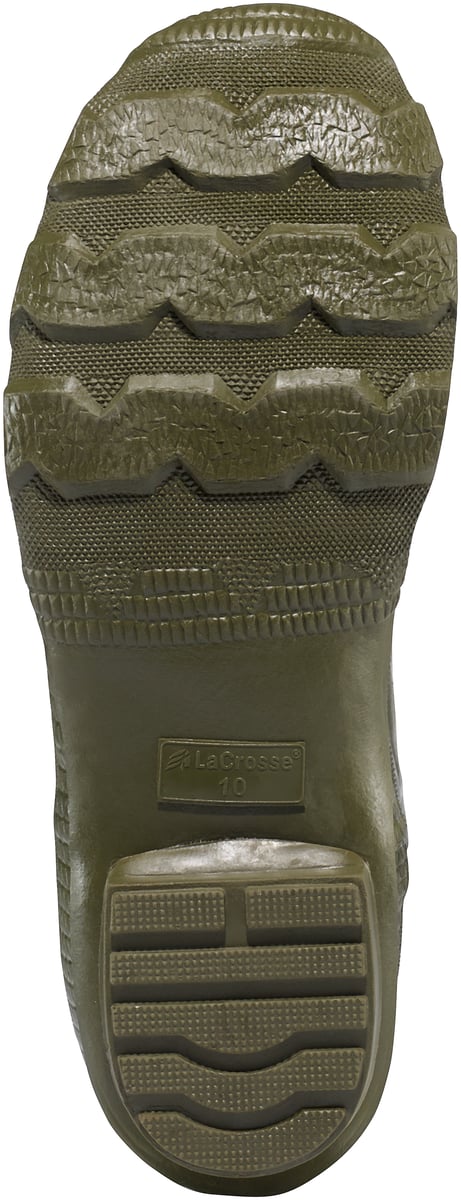 Bottom sole view of LaCrosse insulated rubber boot showing aggressive tread pattern, size 10