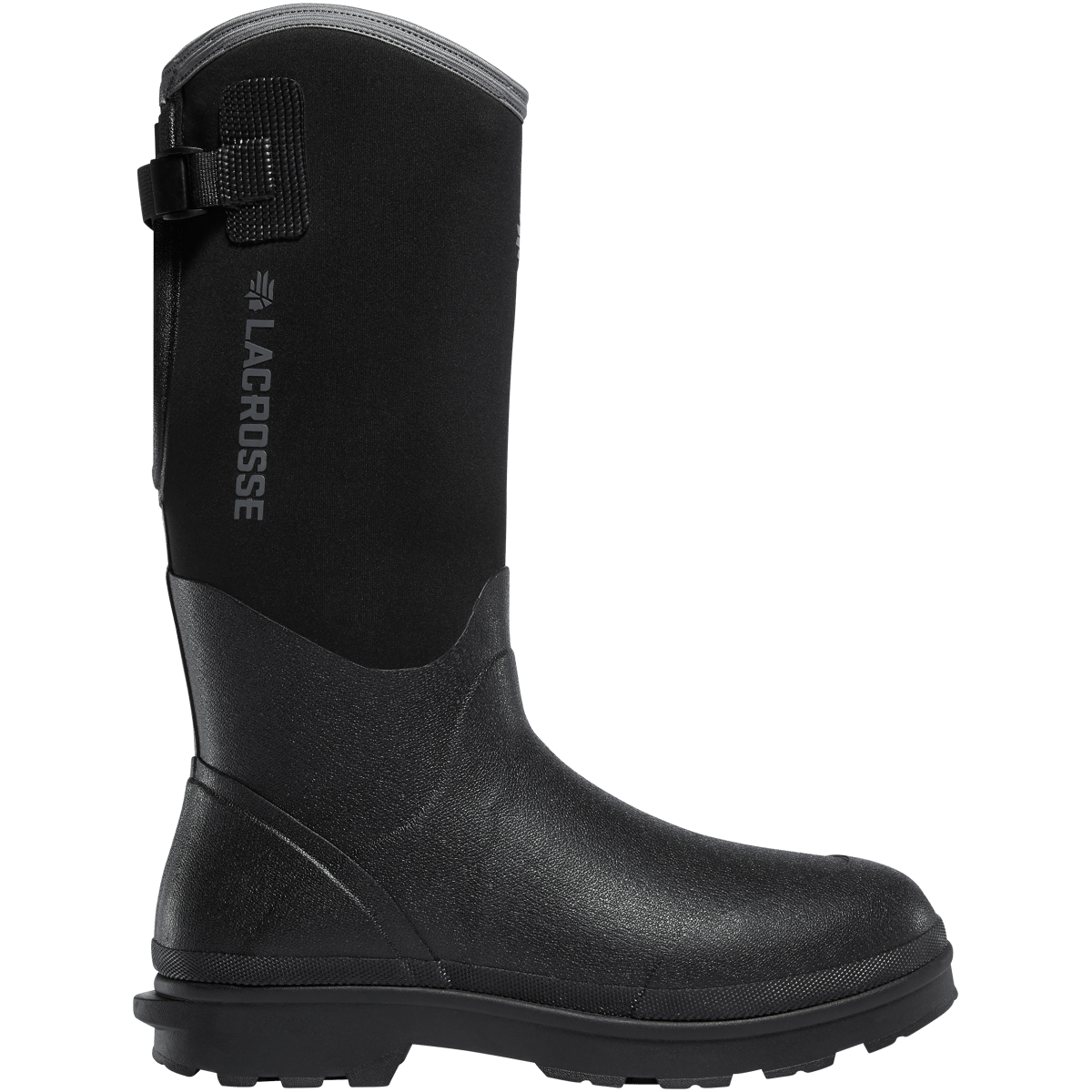LaCrosse Alpha Range tall rubber and neoprene pull-on work boot, side profile view