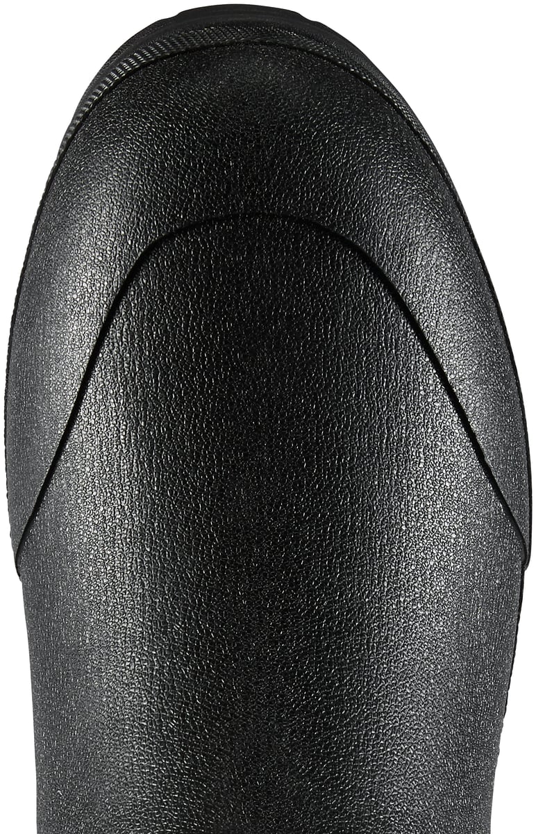 Close-up top-down view of a black rubber boot toe and upper detail