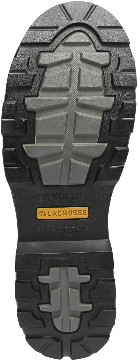 Bottom sole view of LaCrosse Alpha Range boot showing aggressive tread pattern and brand logo