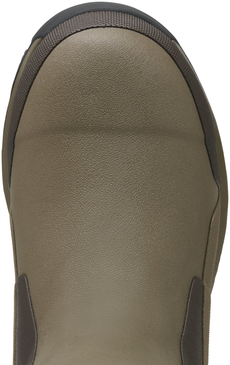 Close-up toe view of a tall rubber hunting boot with textured upper and pull loop
