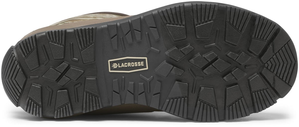 Bottom sole view of LaCrosse Alphaburly Aero hunting boot showing aggressive tread pattern