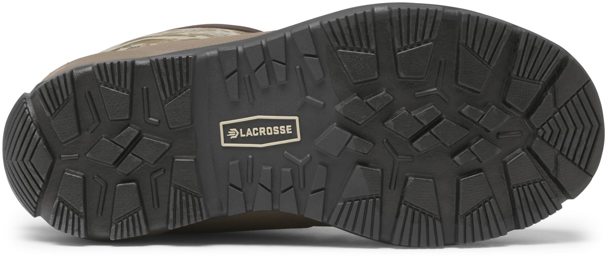 Bottom sole view of LaCrosse Alphaburly Aero hunting boot showing aggressive tread pattern