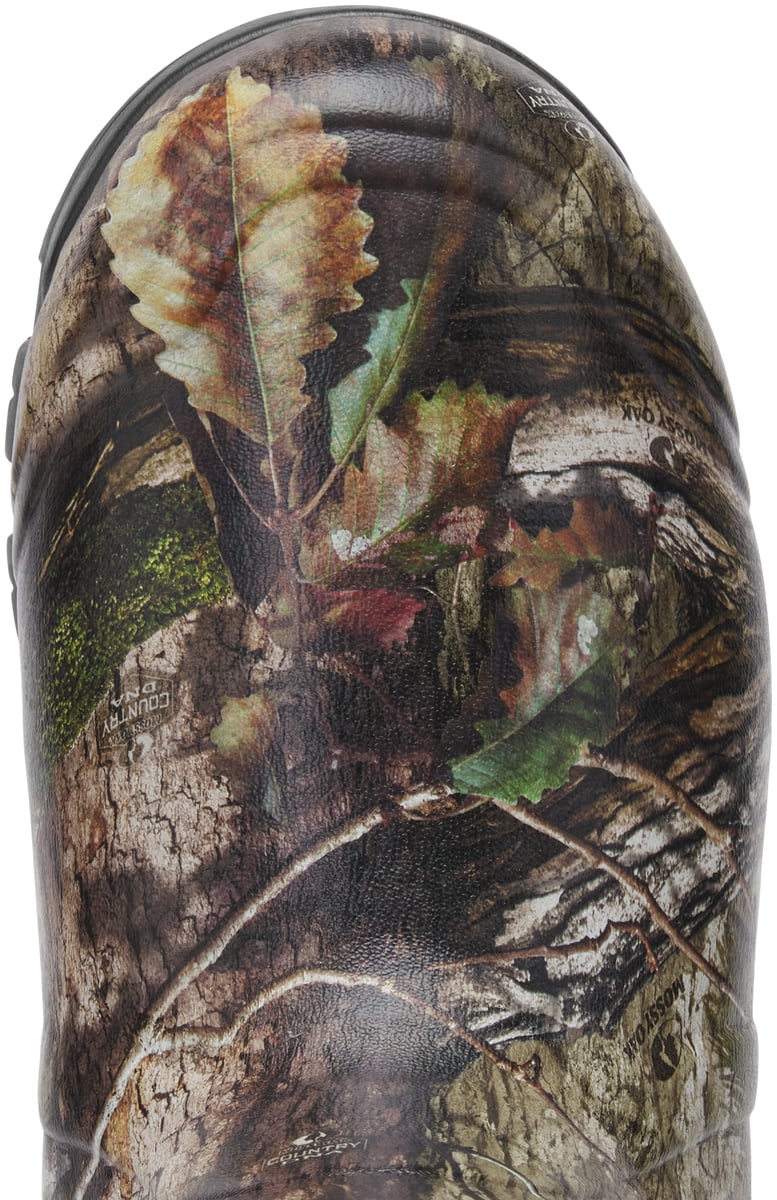 Close-up detail of LaCrosse Alphaburly Pro rubber hunting boot toe in camouflage pattern