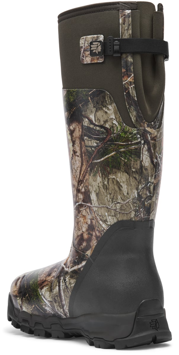 Rear view of tall neoprene hunting boot with camo pattern and rubber sole