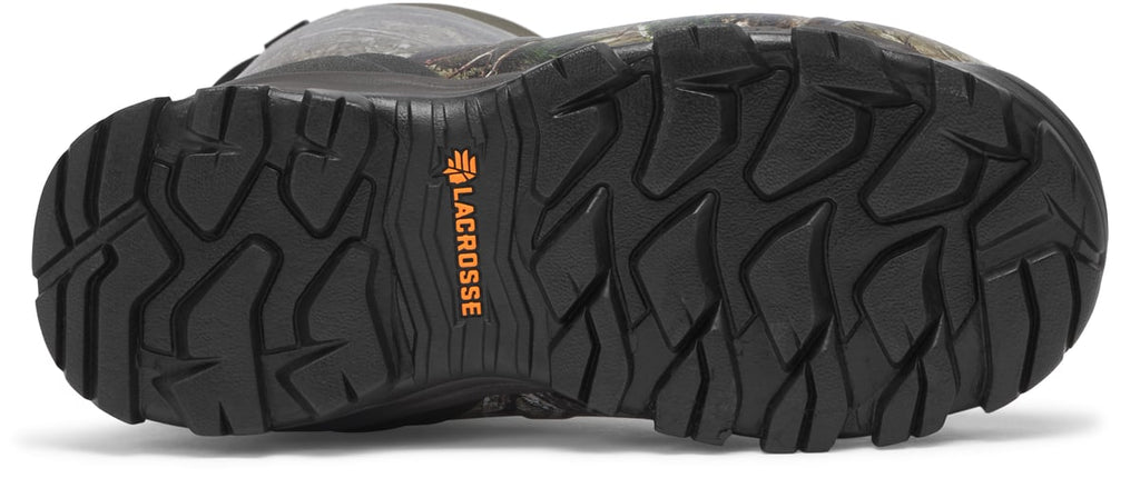 Bottom sole view of LaCrosse hunting boot showing aggressive tread pattern and brand logo